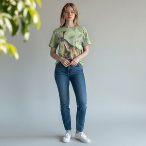 Sunshirt Giraffe Graphic Tee Womens XXL Green All Over Print Safari Nature Boho